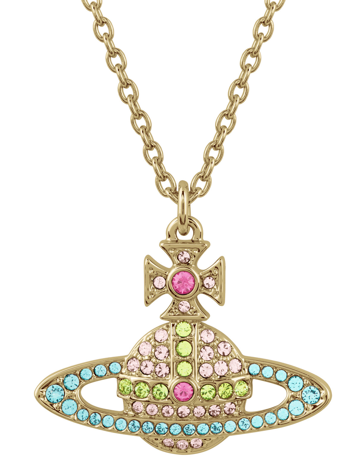 Vivienne Westwood Kika Pendant in Gold/Vintage Rose/Light Turquoise with crystal embellished signature Orb design.