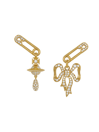 Vivienne Westwood Lilith Earrings in gold-tone finish, mismatch drop design with pavé-set safety pin, bow, and orb motifs.
