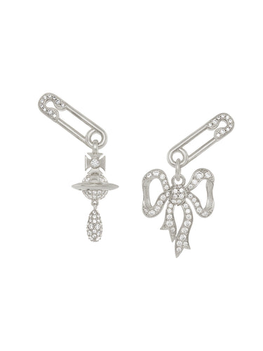Silver earrings with bow and orb design from Vivienne Westwood on a white background