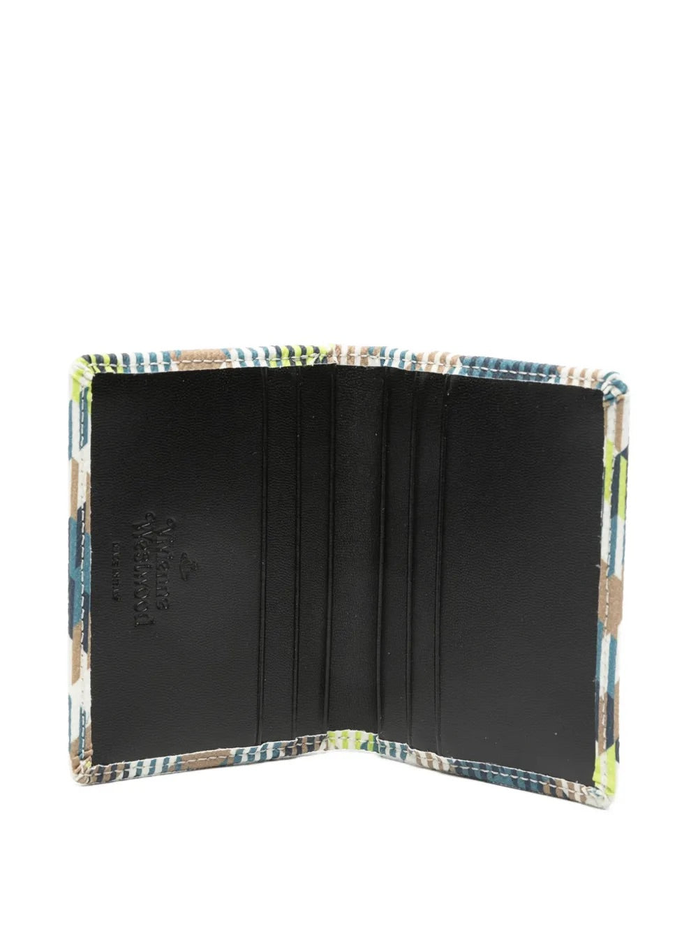 Man Card Holder in Fluro Tartan by Vivienne Westwood, open view showing black interior with multiple card slots and internal logo stamp, fluro tartan exterior, Spring/Summer 2026