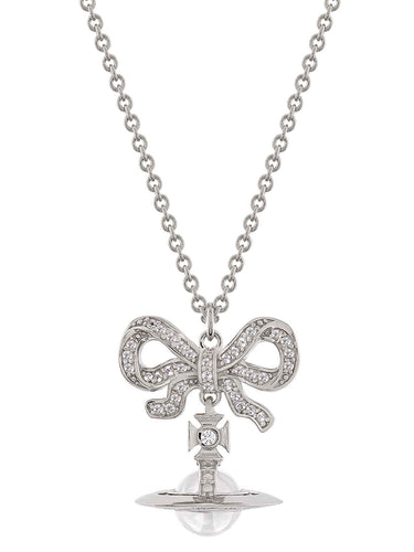 Silver necklace with a bow pendant on a white background