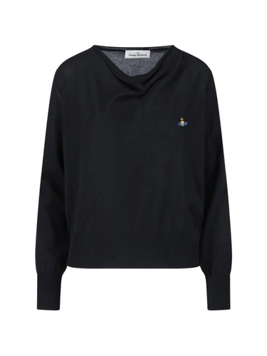 Pamela Jumper in Black by Vivienne Westwood, front view of relaxed-fit black cotton jumper with softly draped cowl neckline, long sleeves, ribbed cuffs and hem, and multicolour Orb logo embroidery at chest, Spring/Summer 2026