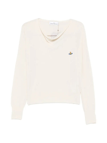 Pamela Jumper in Cream by Vivienne Westwood, front view of relaxed-fit cream cotton jumper with softly draped cowl neckline, long sleeves, ribbed cuffs and hem, and multicolour Orb logo embroidery at chest, Spring/Summer 2026