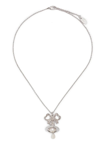 Rigoberta Pearl Pendant in Platinum/Crystal Velvet/Creamrose by Vivienne Westwood, silver-tone necklace with crystal-pave bow pendant featuring Orb motif, cream pearl and teardrop pearl drop, lobster-claw fastening, Spring/Summer 2026