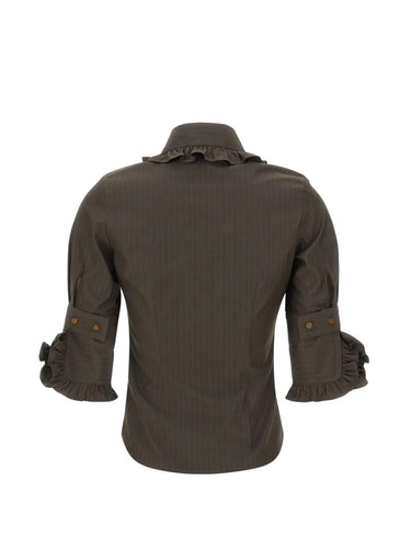 SS Toulouse Frill Shirt in Dark Khaki by Vivienne Westwood, back view of fitted dark khaki pinstripe shirt with frill collar and three-quarter sleeves with frill cuffs, Spring/Summer 2026