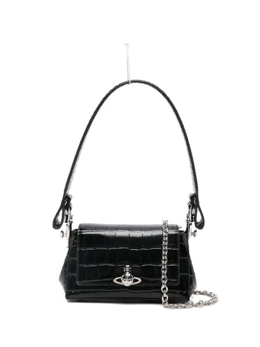 Hazel Small Handbag in Black by Vivienne Westwood, front view of structured black crocodile-embossed calf leather handbag with signature Orb hardware on front flap, silver-tone hardware and top handle, Spring/Summer 2026