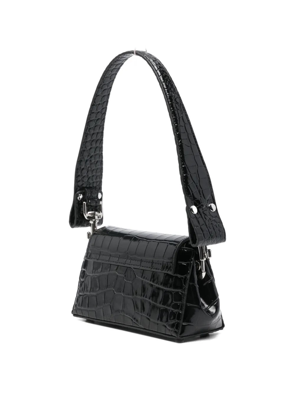 Hazel Small Handbag in Black by Vivienne Westwood, back view of structured black crocodile-embossed leather handbag with silver-tone hardware and detachable chain-link strap, Spring/Summer 2026