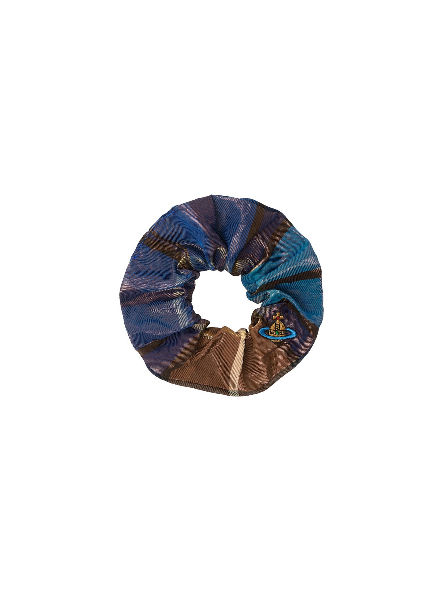 Vivienne Westwood Small Scrunchie in Shiny Blue Brown checked fabric with gathered elasticated silhouette, lustrous finish and multi-coloured orb embroidery