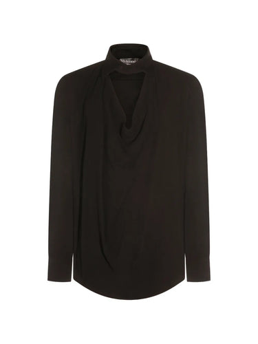 Square Shirt in Black by Vivienne Westwood, front view of relaxed-fit black viscose shirt with structured stand collar, softly draped front panel and long sleeves with buttoned cuffs, Spring/Summer 2026