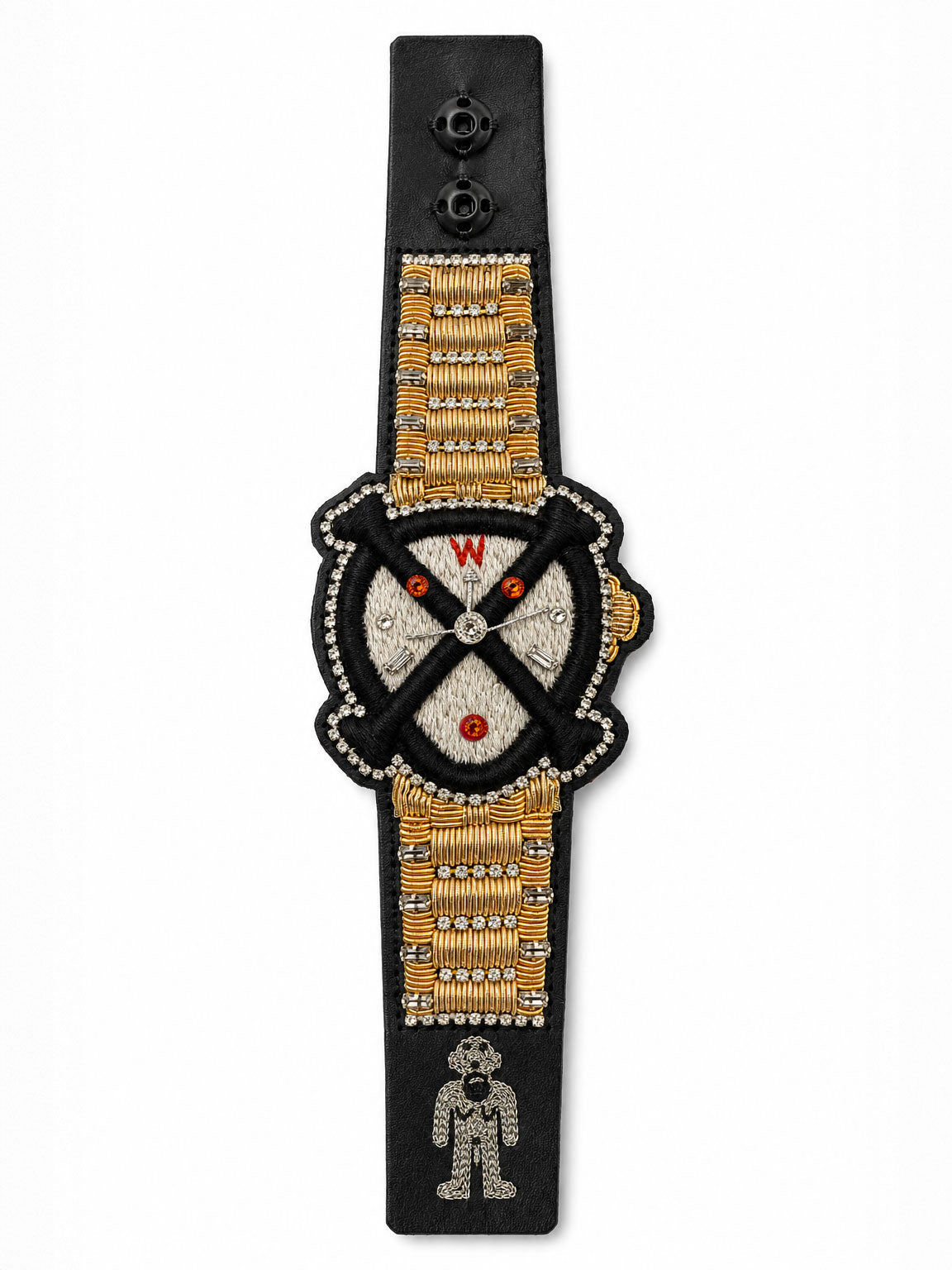 Walter Van Beirendonck Bones Bracelet with embroidered watch motif, metallic embellishments and crystal detailing.
