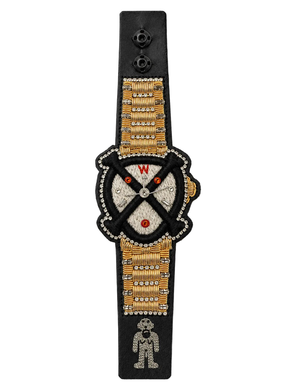 Walter Van Beirendonck Bones Bracelet with embroidered watch motif, metallic embellishments and crystal detailing.