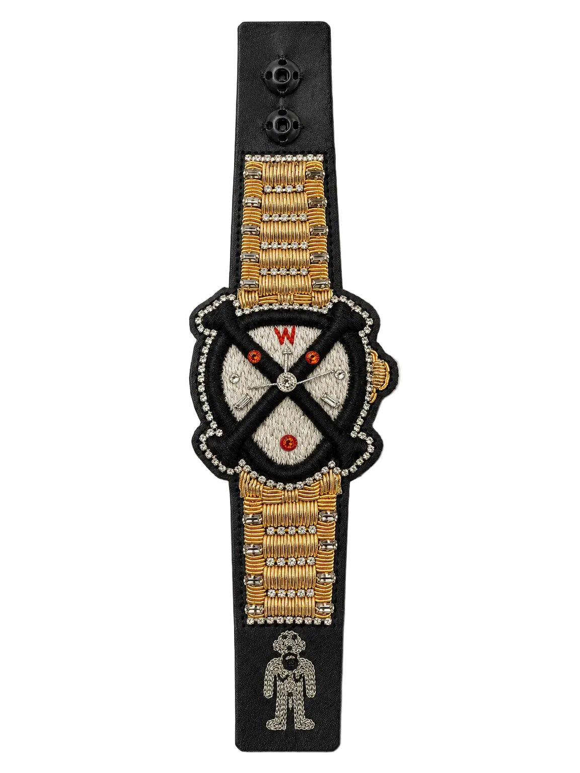 Walter Van Beirendonck Bones Bracelet with embroidered watch motif, metallic embellishments and crystal detailing.