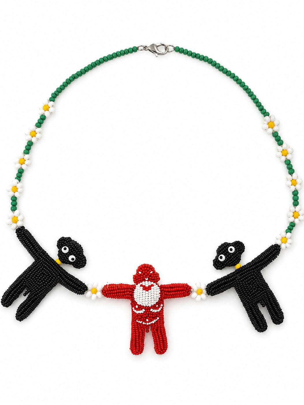 Walter Van Beirendonck Flower Necklace Sample with green beads, white and yellow flower motifs and black and red beaded character pendants.