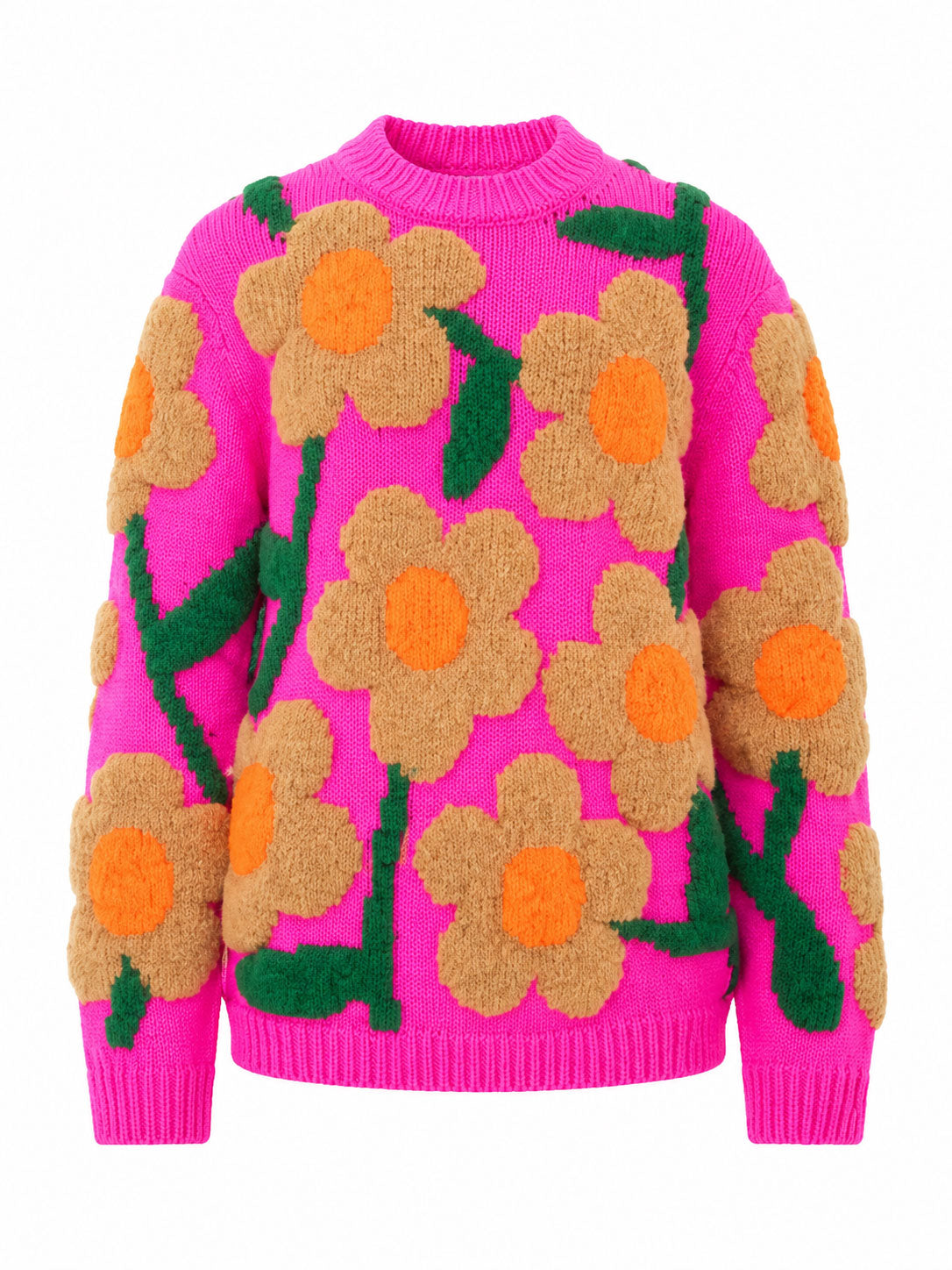 Walter Van Beirendonck Flower Knit Sweater in pink with oversized beige flowers, orange centres and green stems, shown flat.