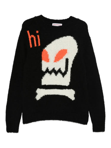 Black knitted sweater with skull illustration from Walter Van Beirendonck on a white background.