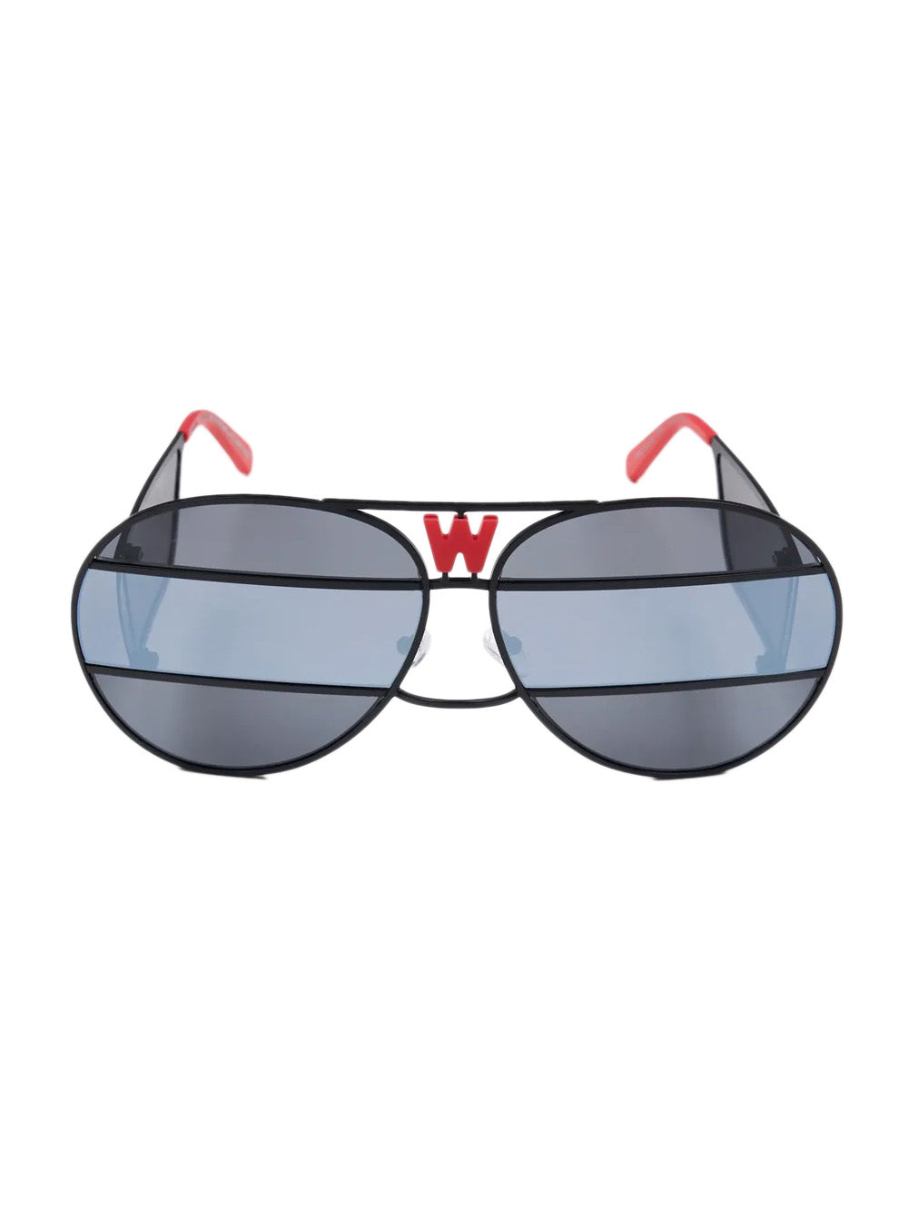 Walter Van Beirendonck x Komono Brutal Pilot sunglasses, front view, oversized aviator with striped blue-grey mirror lenses, red W monogram at bridge and red temple tips