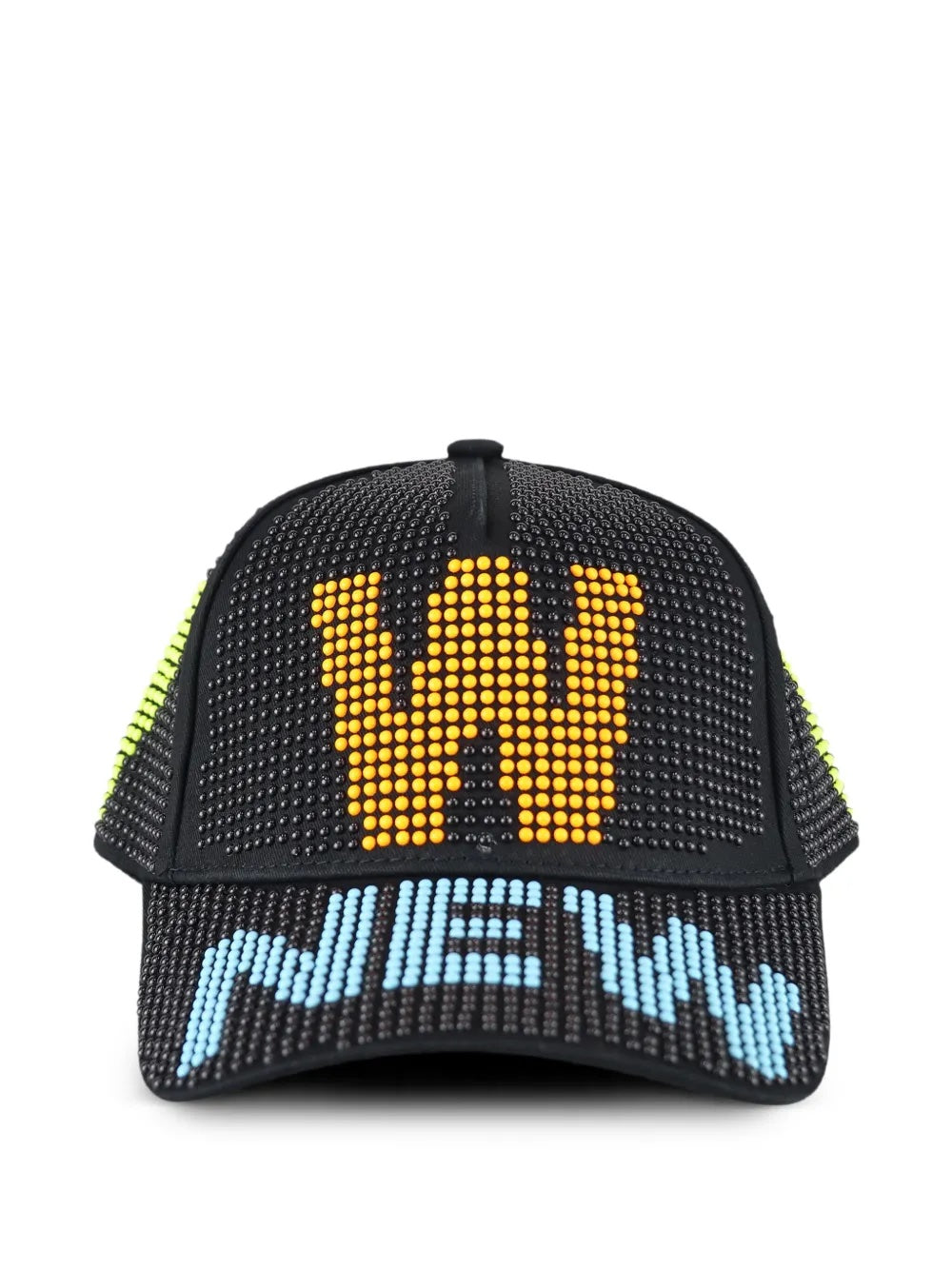 Black beaded cap from Walter Van Beirendonck on a white background.