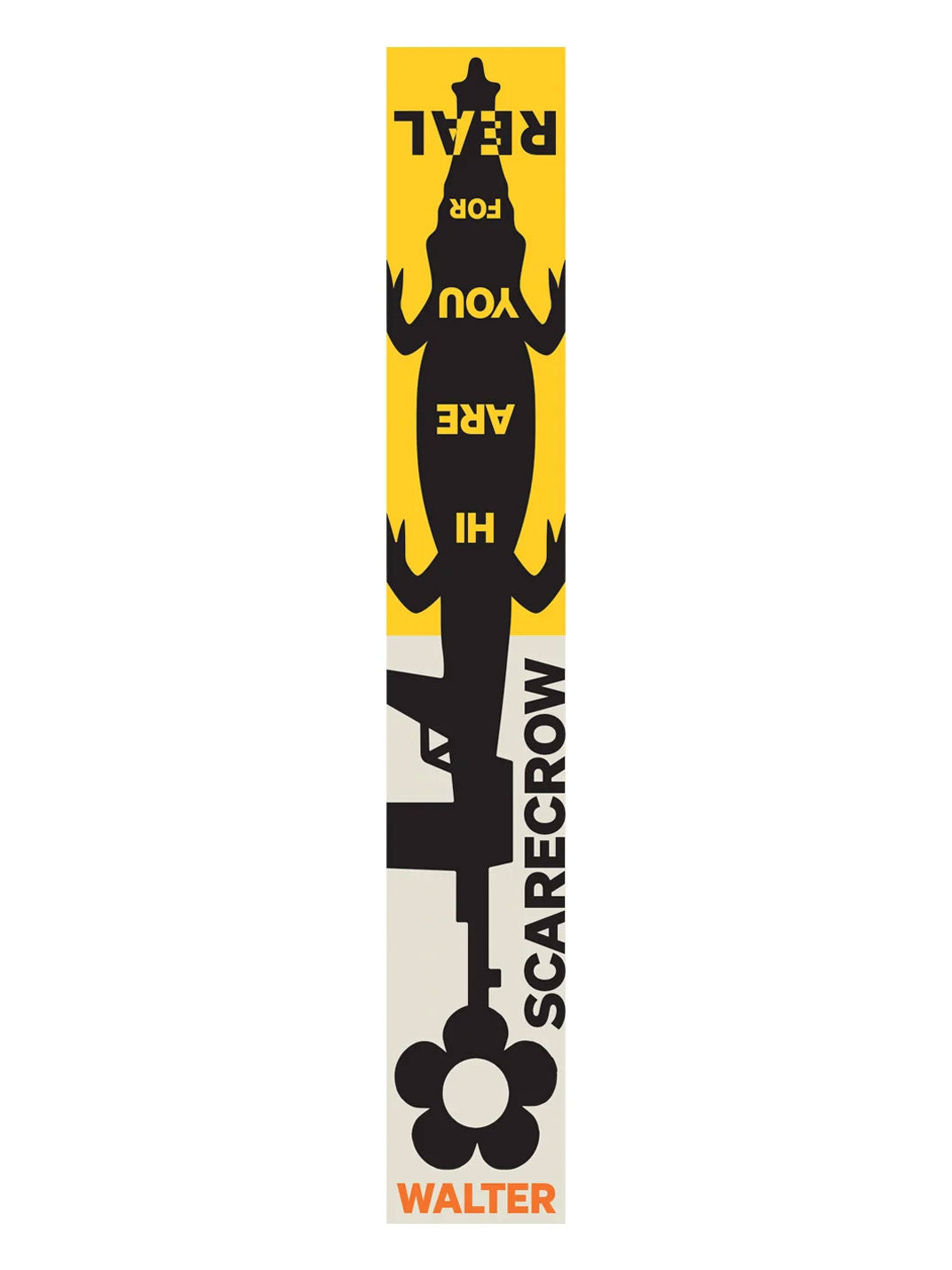 Walter Van Beirendonck Scarecrow Scarf Single in Black shown flat with yellow, black and cream scarecrow graphic and statement lettering.
