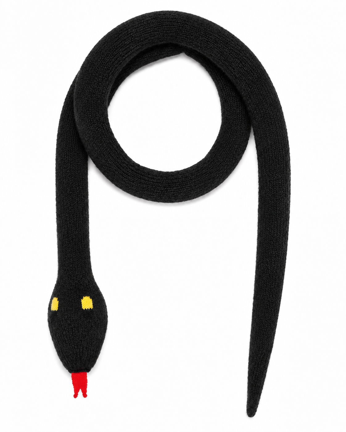 Walter Van Beirendonck Snake Scarf in Black shown in full, featuring a knitted snake shape with contrast eyes, red tongue and tapered tail.