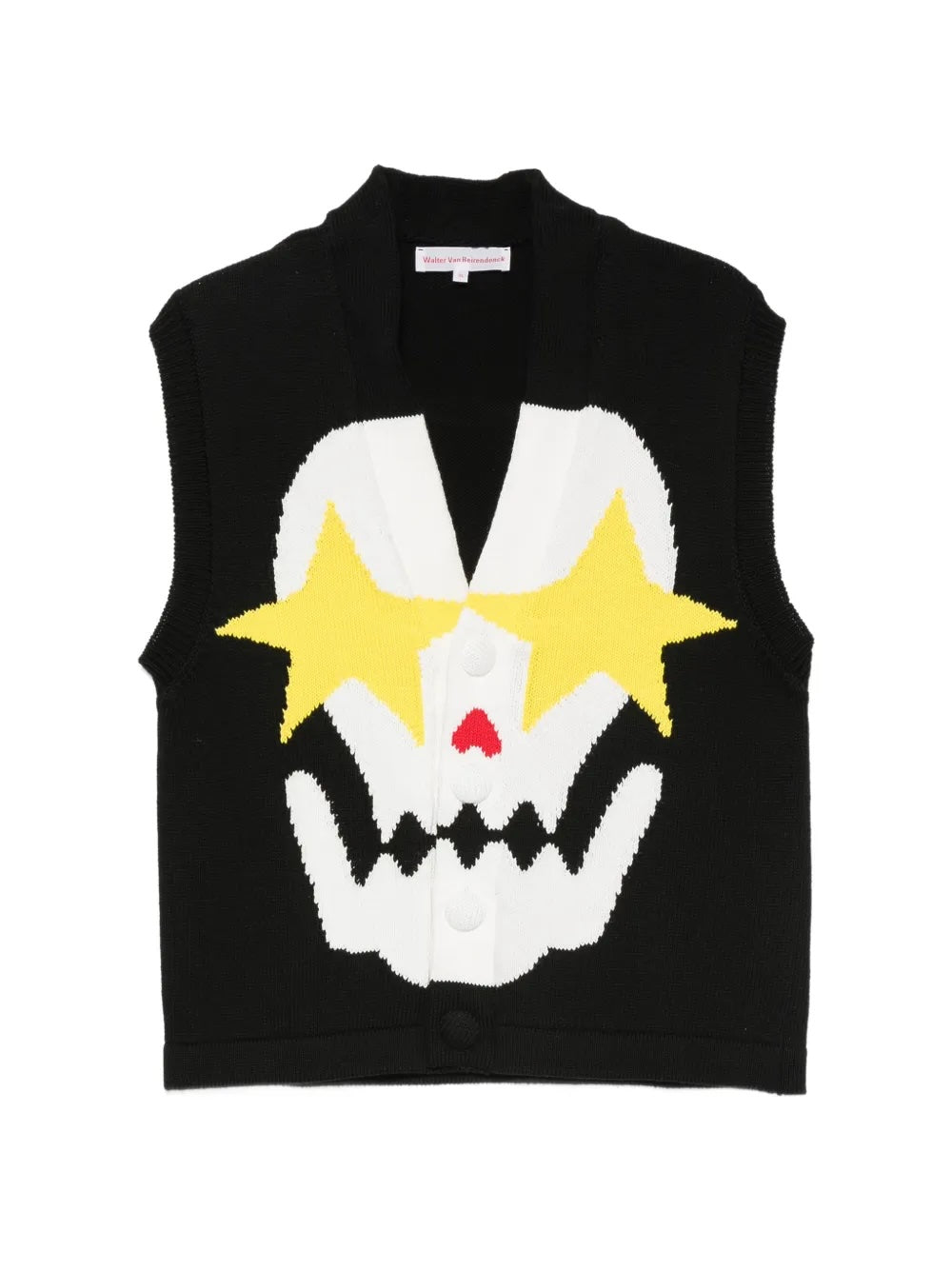 Walter Van Beirendonck Starry Eyes Vest in black, front view, oversized knit vest with large intarsia skull face, yellow star eyes and red heart nose