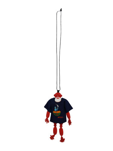 Front view of the Walter Van Beirendonck Walter Doll T Jewel necklace in red, featuring a beaded human figure of the designer wearing an oversized T-shirt, suspended from a cotton cord.