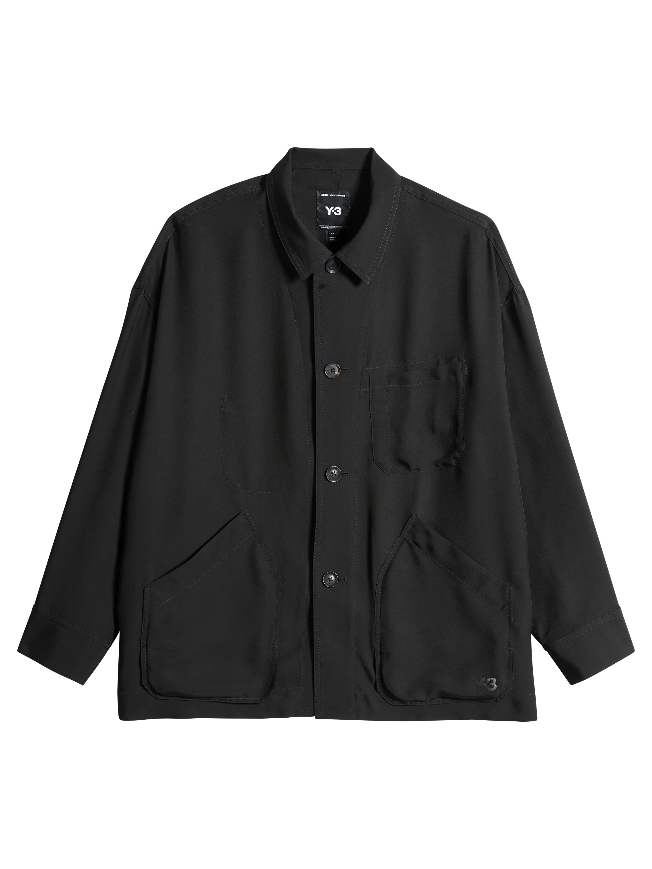 Front packshot of the Y-3 Chore Jacket Shirt in Black, showing the loose fit silhouette, woven plain weave construction, and lightweight fabric.
