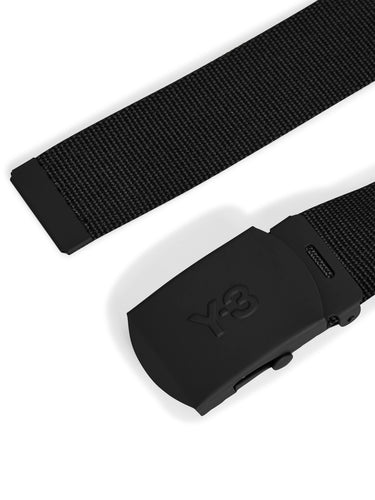 Close-up of the metal buckle on the Y-3 Classic Logo Belt in Black, highlighting the embossed Y-3 logo and sleek finish.