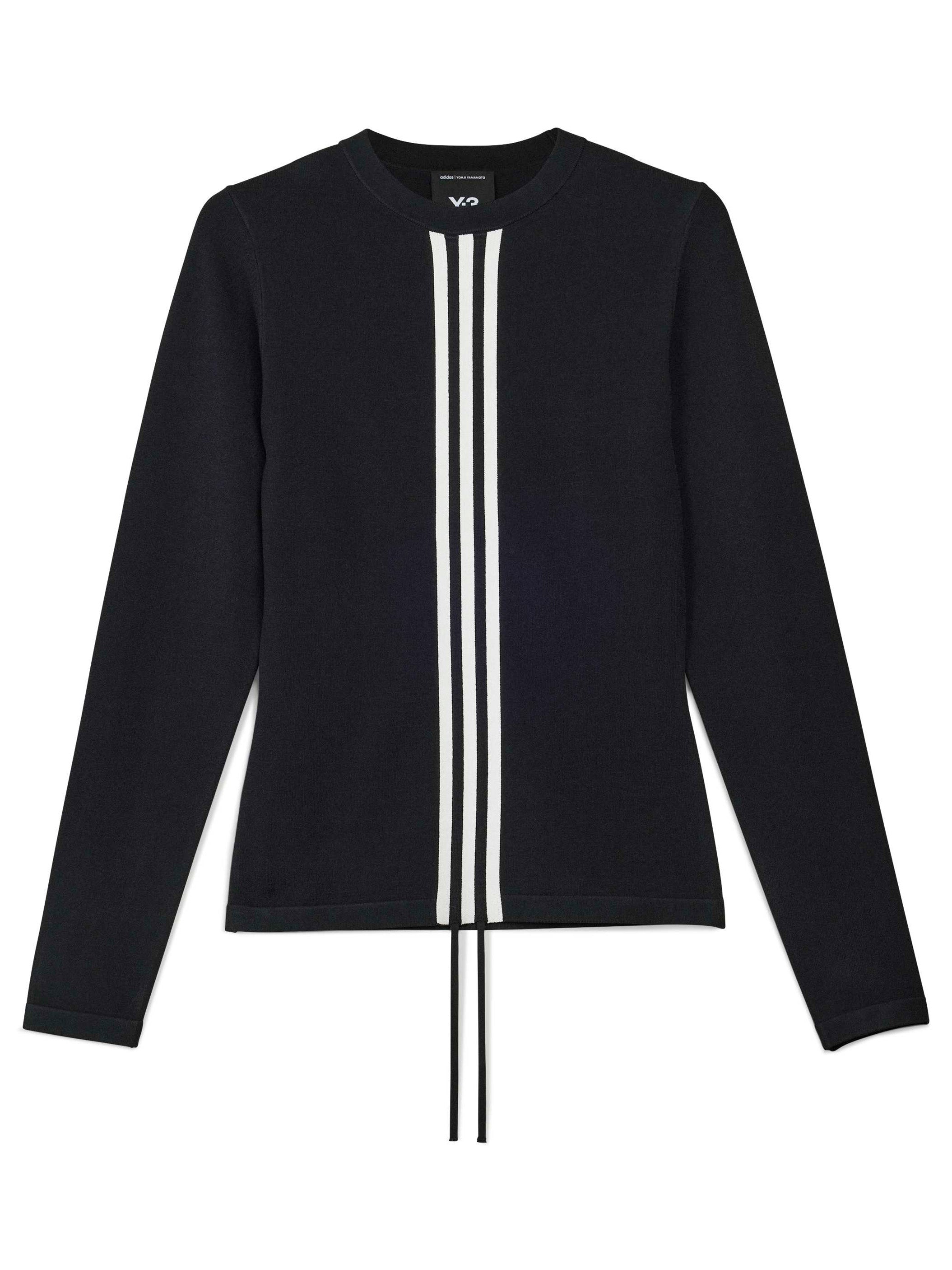 Black long-sleeve shirt with white stripes on a white background