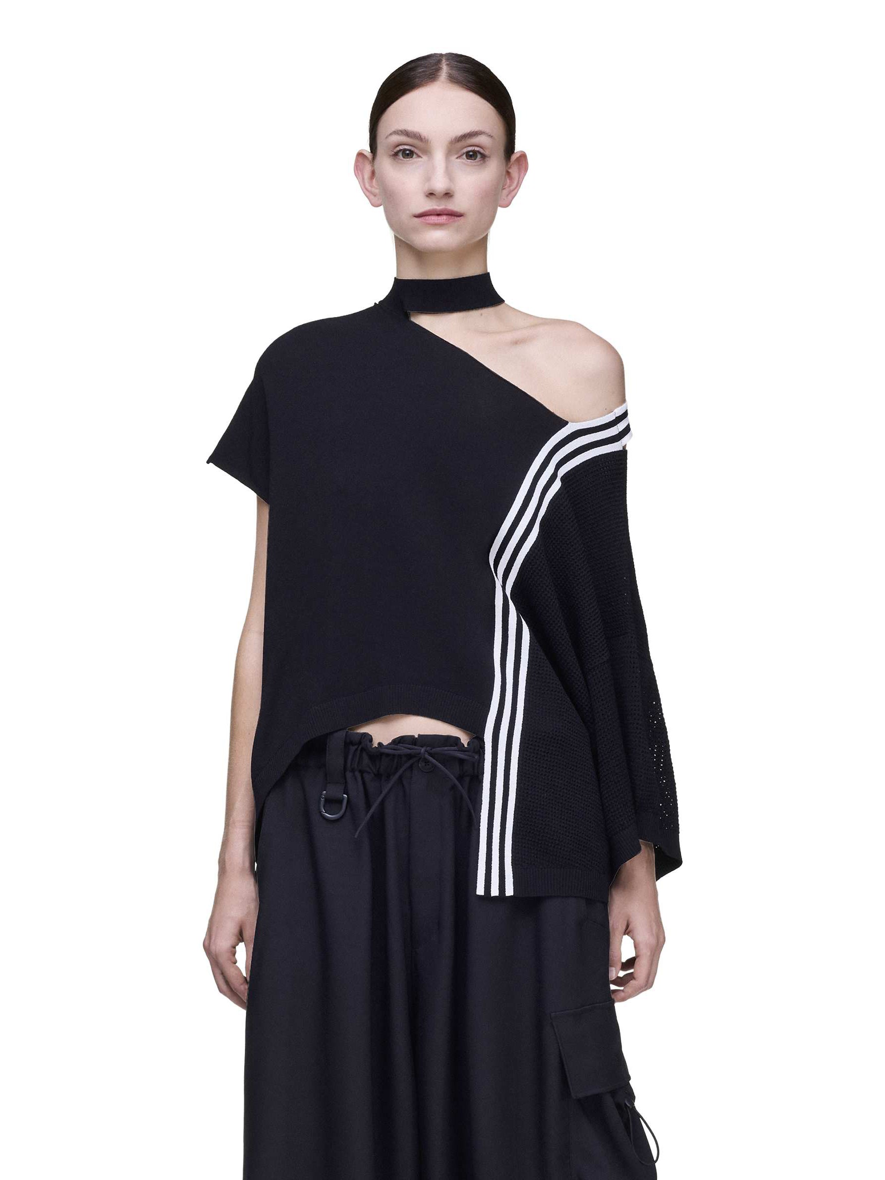 Front close-up of a female model wearing the Y-3 Knit Top in Black, focusing on the knit texture and soft hand feel of the fabric.