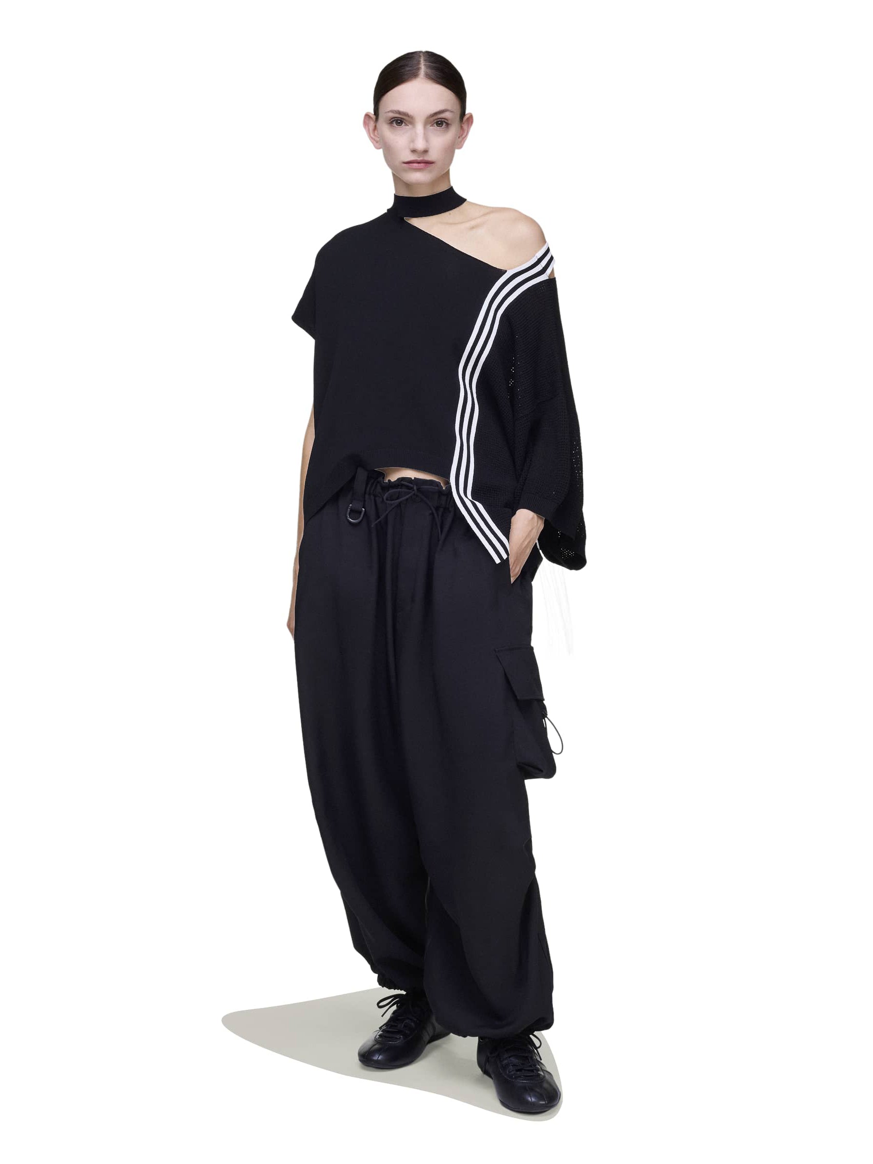 Front view of a female model wearing the Y-3 Knit Top in Black, showing the relaxed fit, soft knit texture, and modern silhouette.