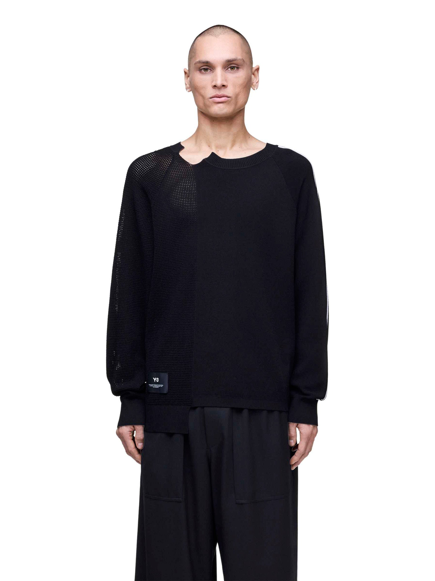 Close-up of the front of the Y-3 Logo Knit Sweatshirt in Black on a male model, highlighting the Y-3 logo and knit texture.