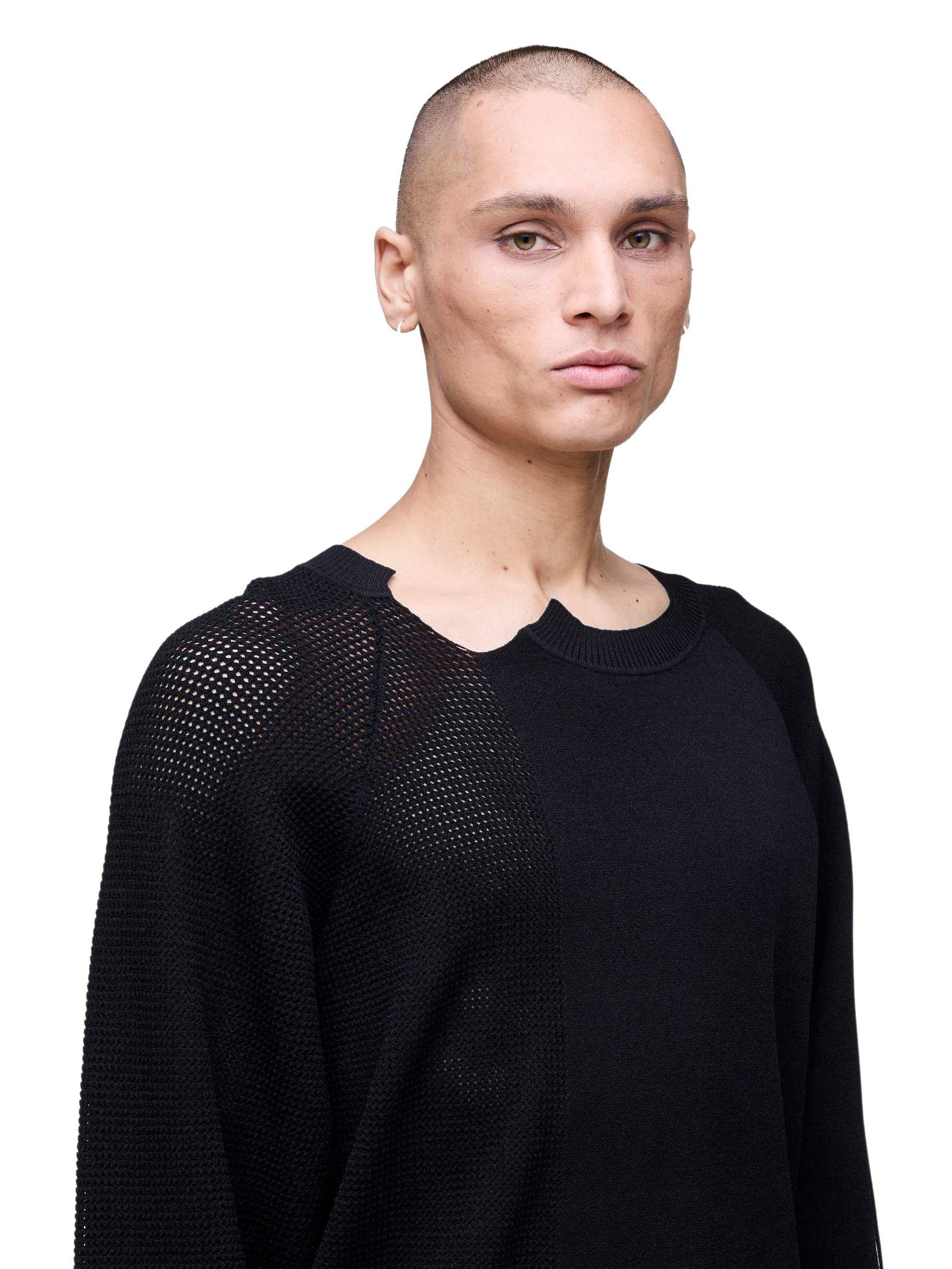 Close-up of the bottom hem of the Y-3 Logo Knit Sweatshirt in Black on a male model, showing the knit fabric and relaxed finish.