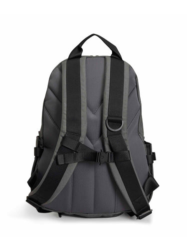 Gray backpack with black straps on a white background