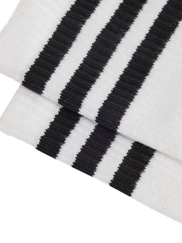 Close-up packshot of the Y-3 Stripes High Socks in White, highlighting the embroidered Y-3 logo, engineered 3-Stripes cuff, and knit texture.