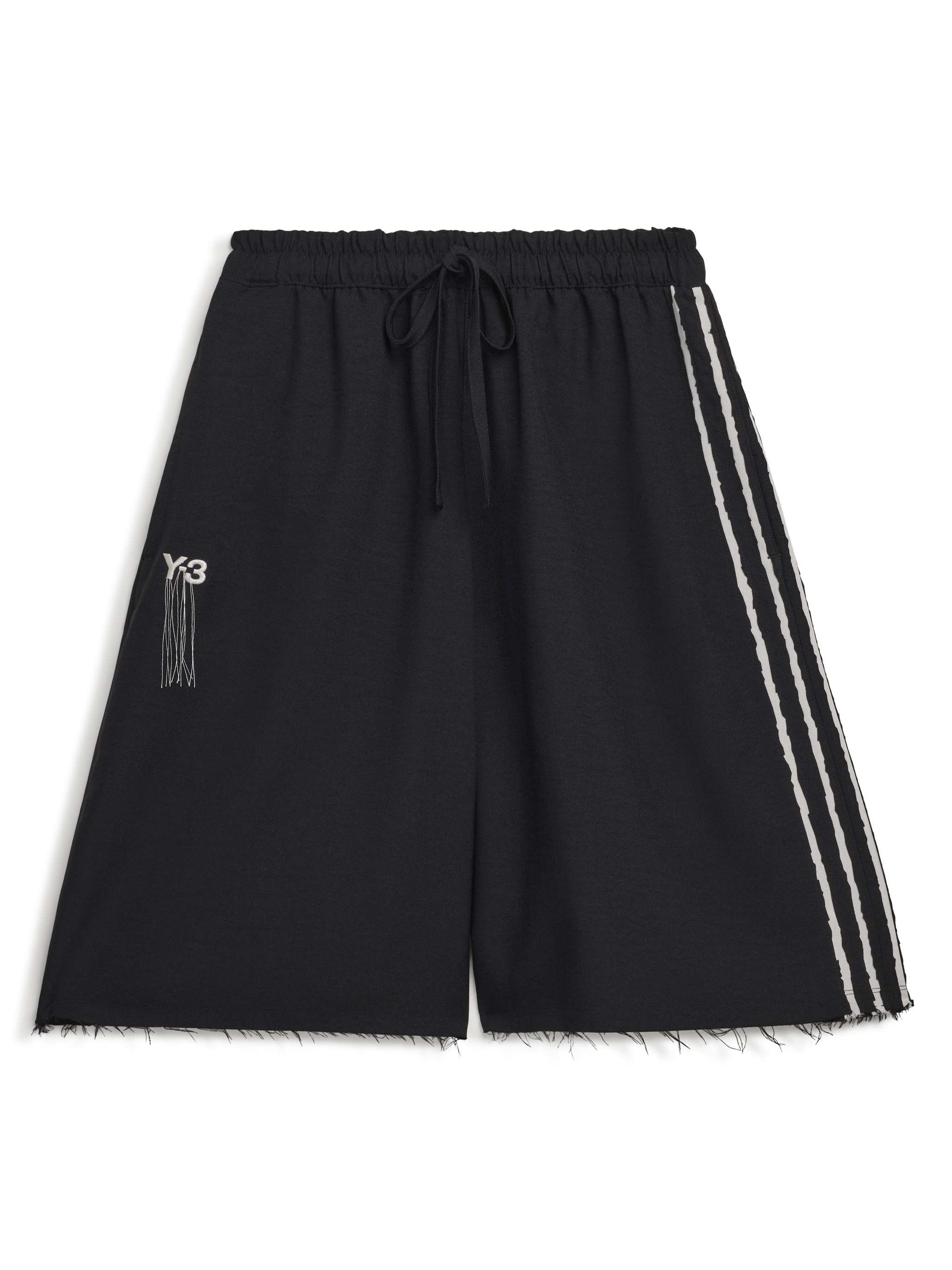 Front packshot of the Y-3 Summer Run 3-Stripes Shorts in black, featuring raw-cut contrasting 3-Stripes on the left leg and an elastic waistband with drawstrings.