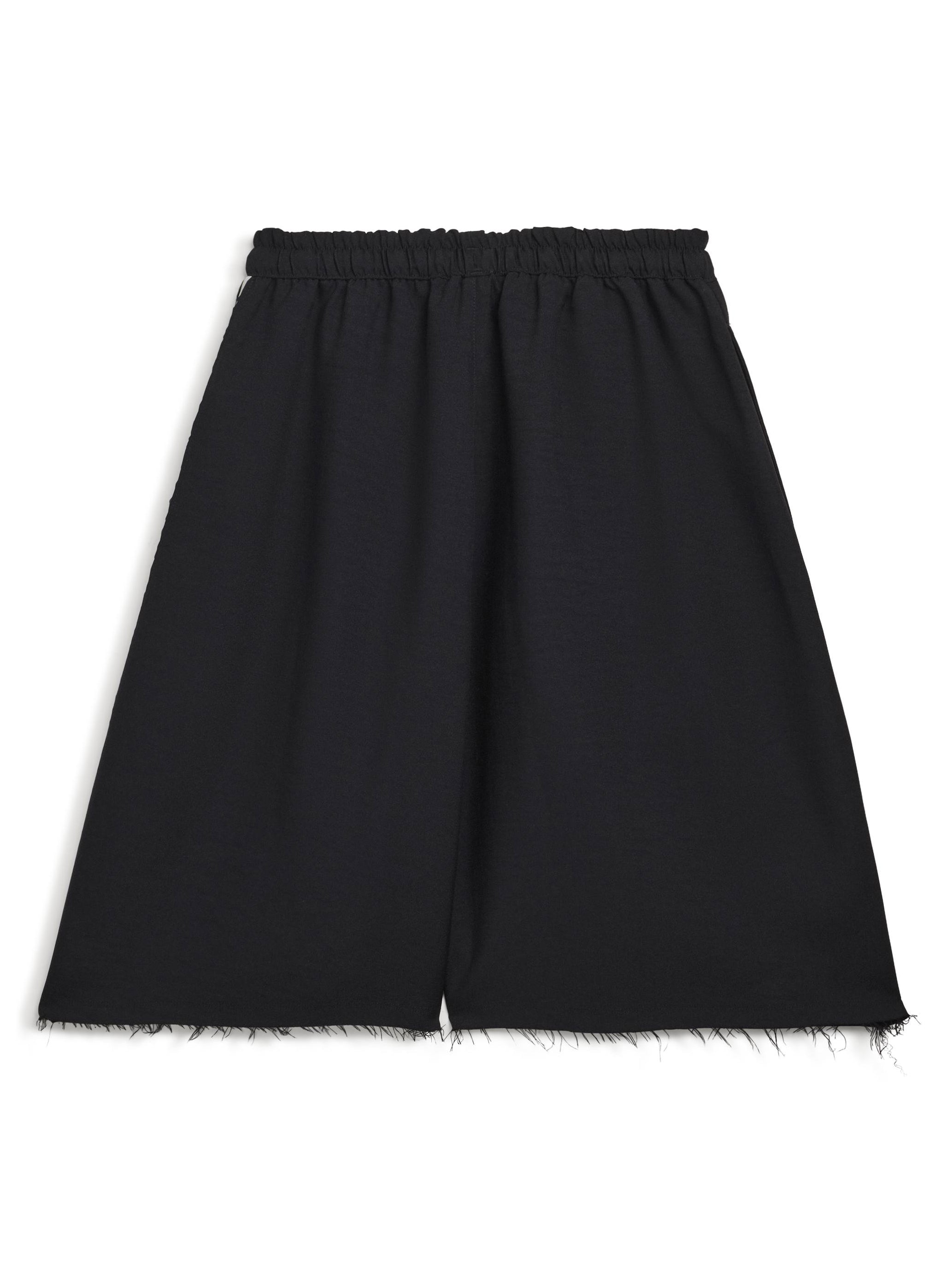 Back packshot of the Y-3 Summer Run 3-Stripes Shorts in black, showing the relaxed twill construction and clean back finish.