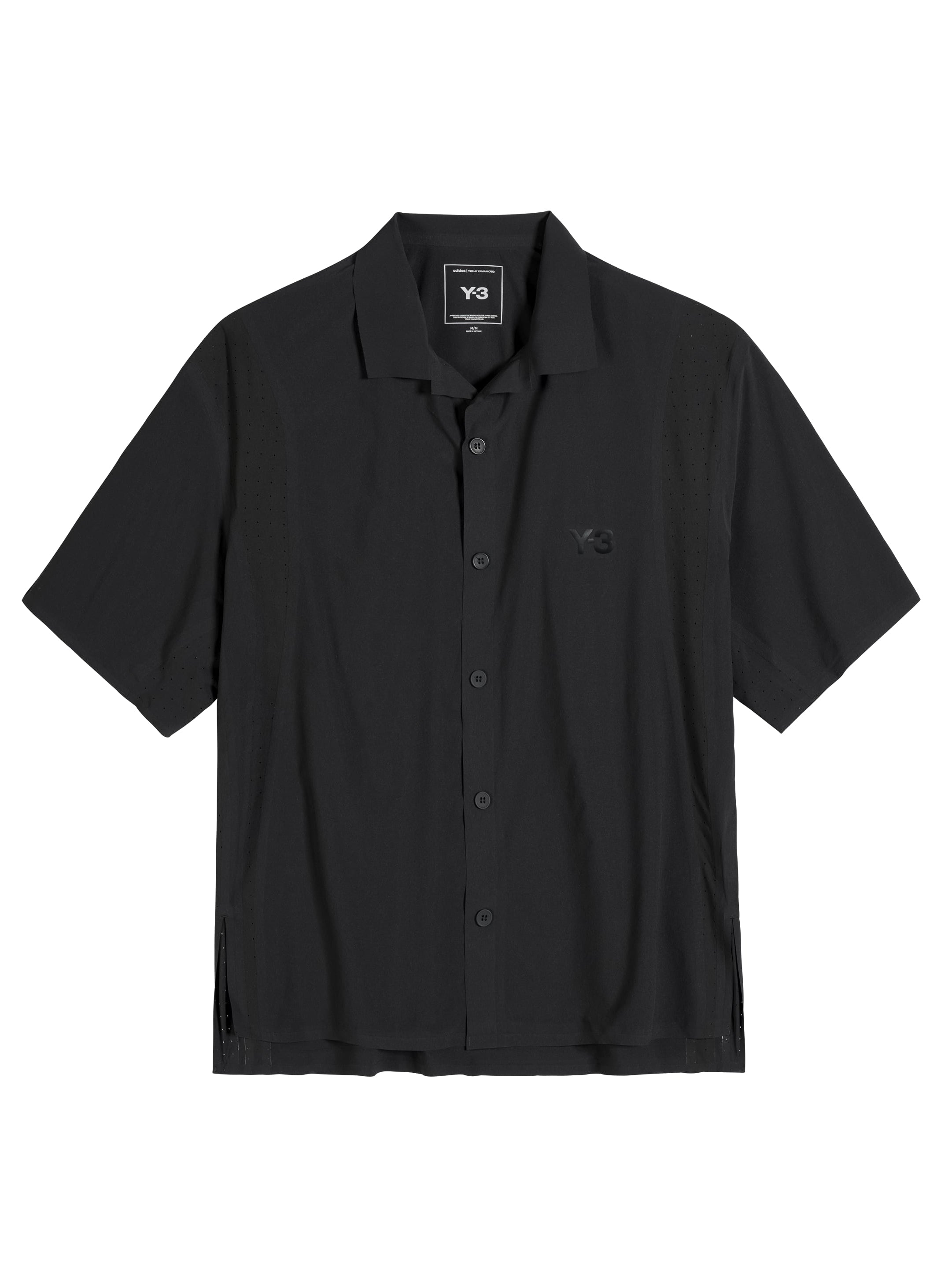 Front packshot of the Y-3 Ultralight Woven Shirt in Black, showing the lightweight stretch woven fabric, short sleeves, asymmetrical bonded slits for ventilation, centre-front button closure, and tonal Y-3 logo.