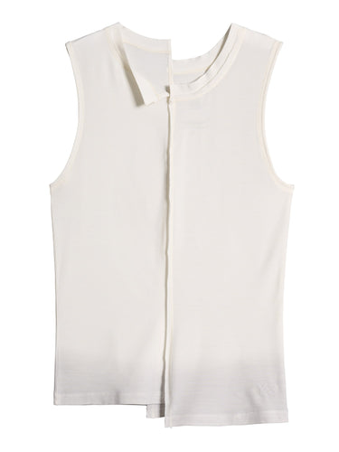 Front packshot of the Women’s Knit Double-Dye Tank in Beige from Y-3, featuring a dip-dye effect, asymmetric parted crew neckline, fitted silhouette, and contrast satin logo at the hem.