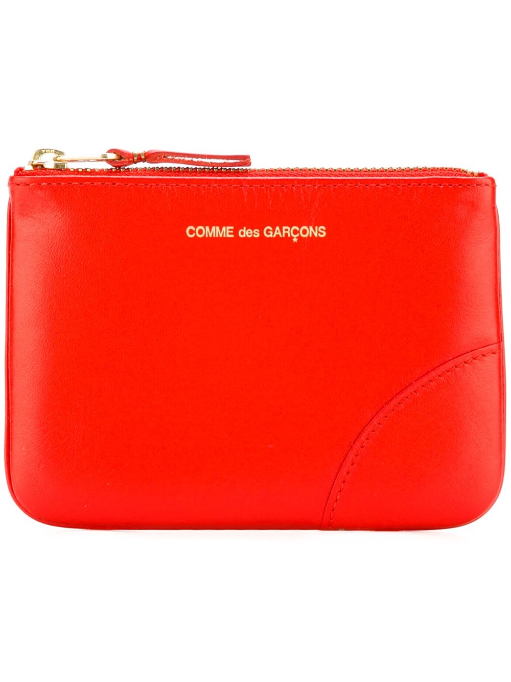 Bright orange leather SA8100 wallet from Comme des Garçons Wallet with top zip fastening, gold-tone hardware, logo stamp, and a main compartment. Measures 15 × 10 × 1.5 cm