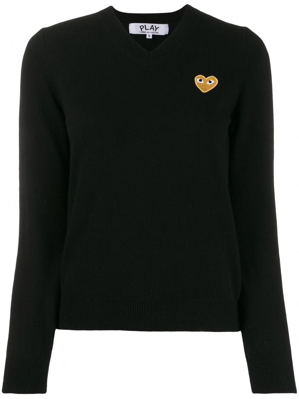 Womens V-Neck Pullover with Gold Heart - Black-[-Comme des Garçons Play-1