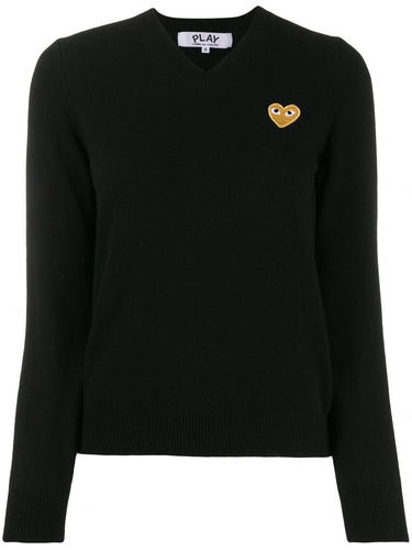 Womens V-Neck Pullover with Gold Heart - Black-[-Comme des Garçons Play-1