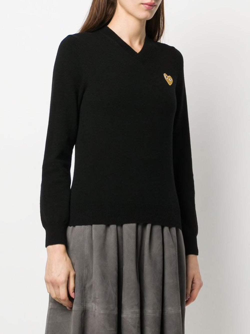 Womens V-Neck Pullover with Gold Heart - Black-[-Comme des Garçons Play-3