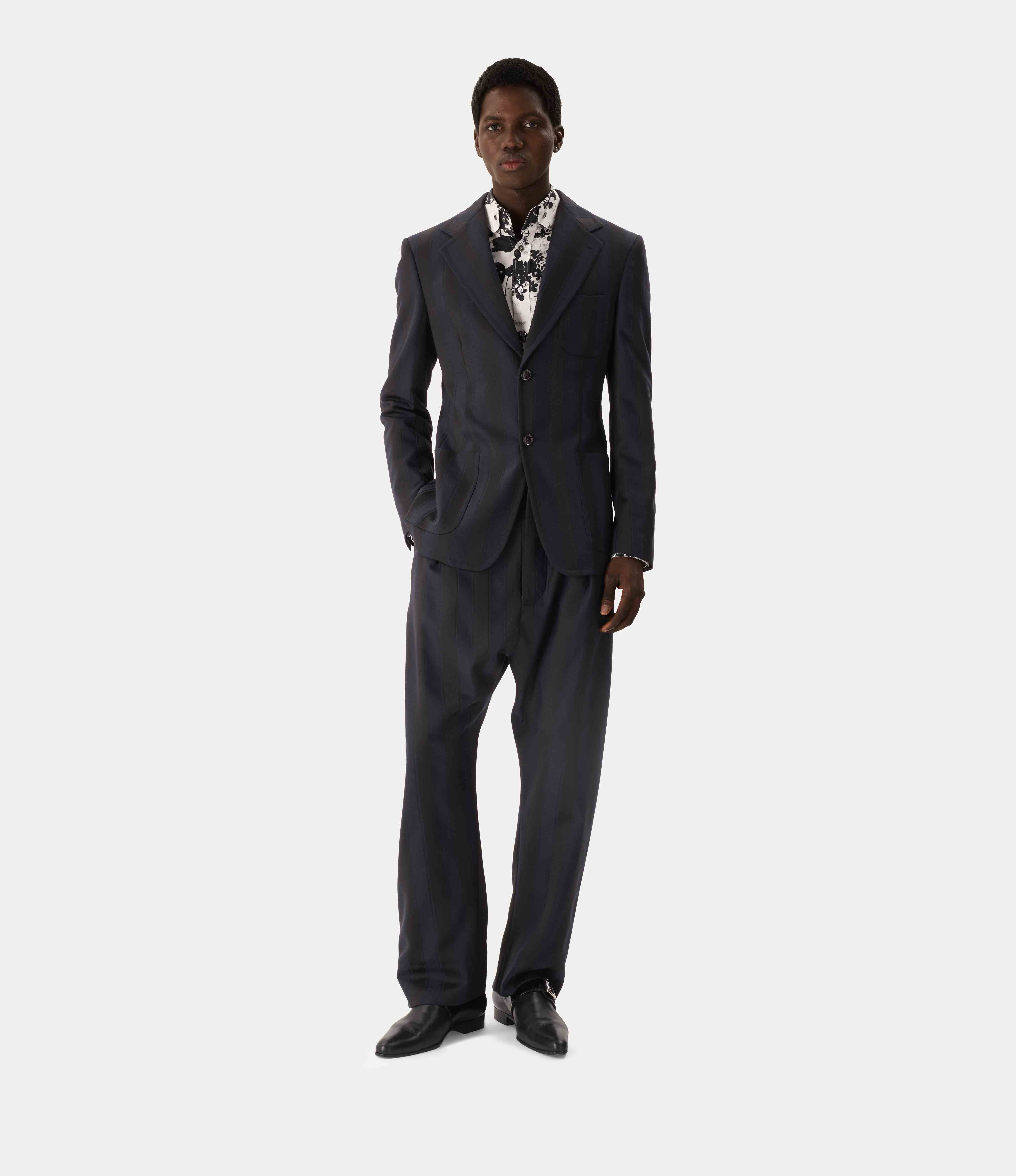Vivienne Westwood Swing Corset Trousers in Midnight Blue Black wool with high-rise corset waistband, vertical stripe pattern and tailored straight-leg silhouette