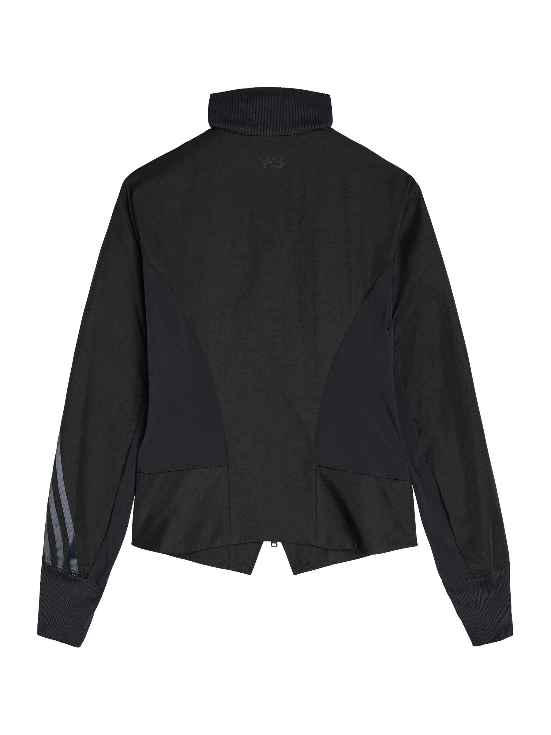 Y-3 AW26 3-Stripes Nylon Track Top in Black - front view showing high neck zip closure and fitted silhouette