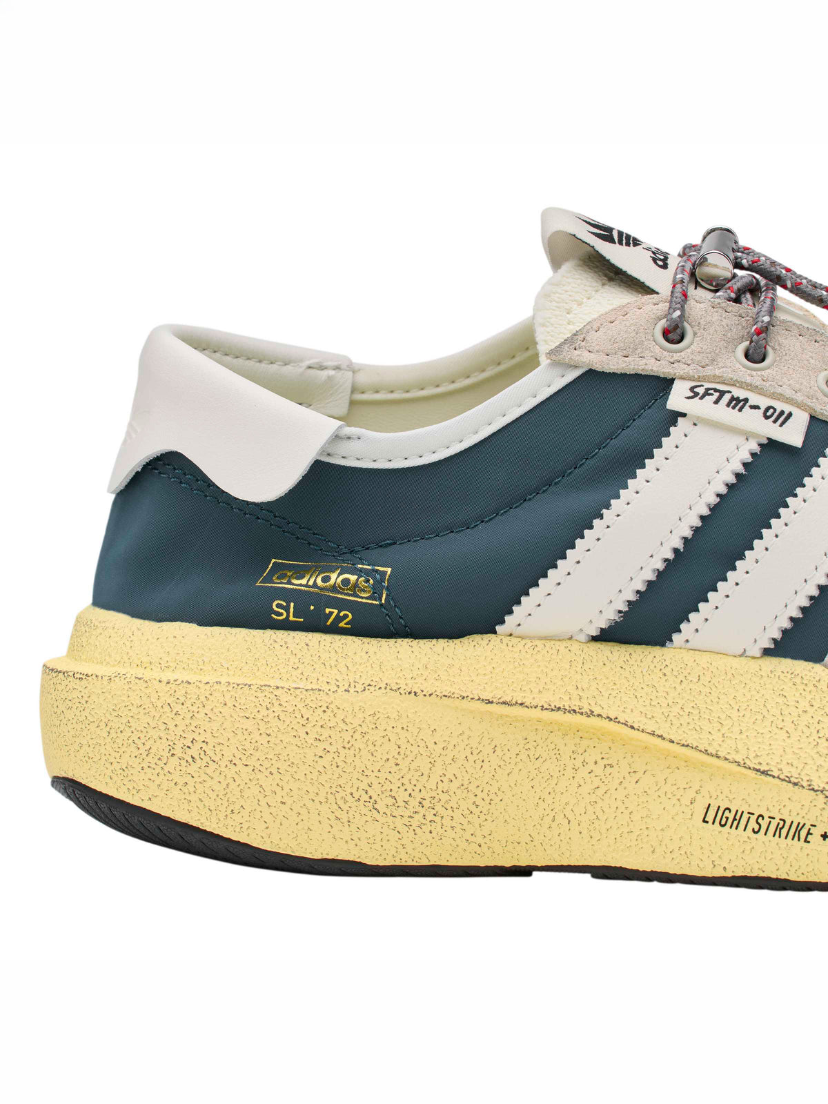 Adidas x Song for the Mute SL 72 Pro SFTM sneaker detail showing suede overlays, 3-Stripes and sole