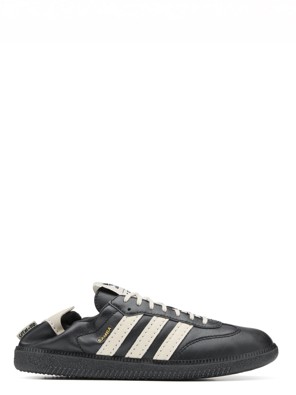 adidas x Song for the Mute ADI008 Samba OG SFTM sneaker in Core Black/Cream White/Gold Metallic, side profile.
