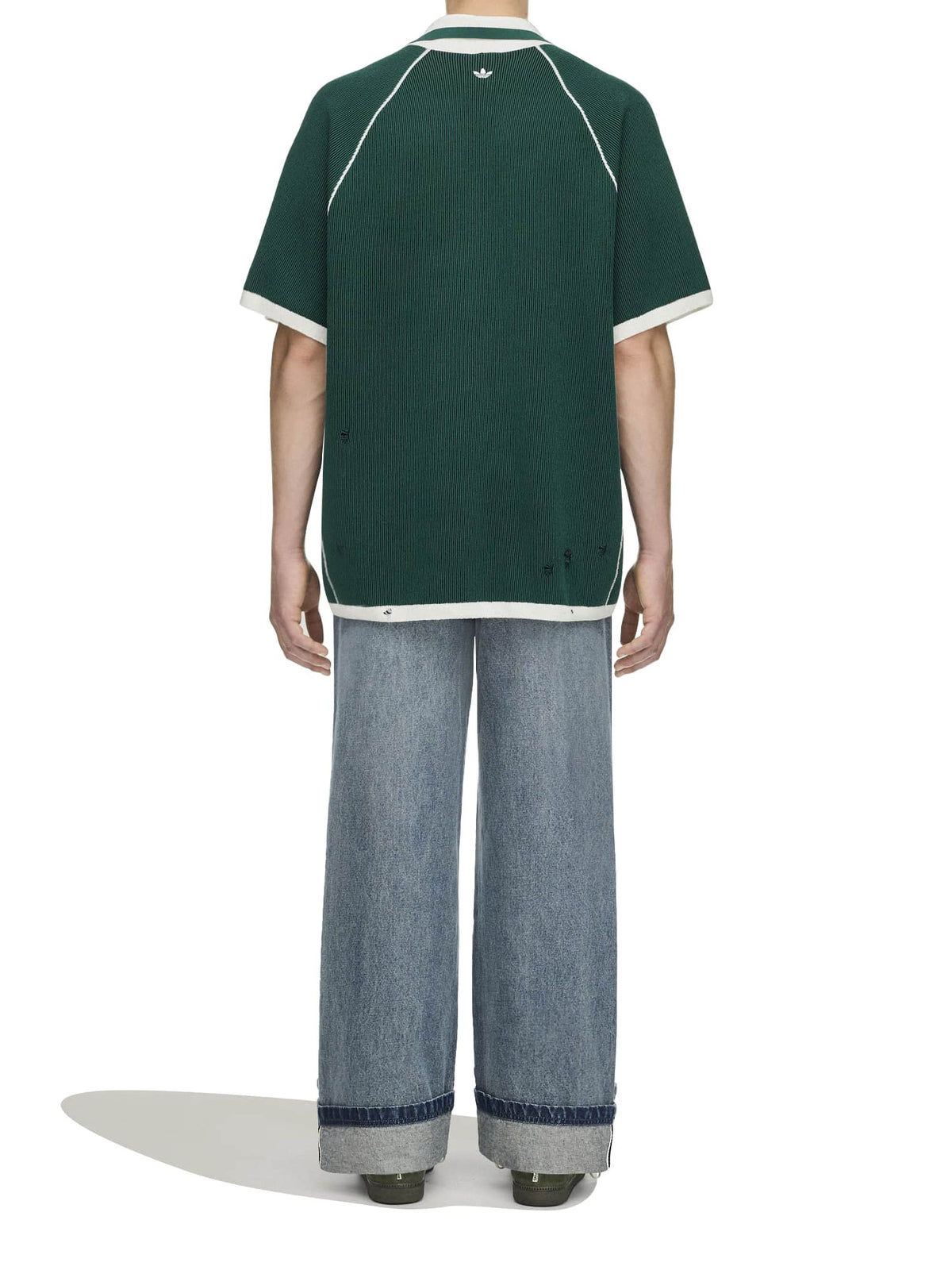 Model wearing Adidas x Song for the Mute ADI008 Sweater Polo in Collegiate Green/Black back view