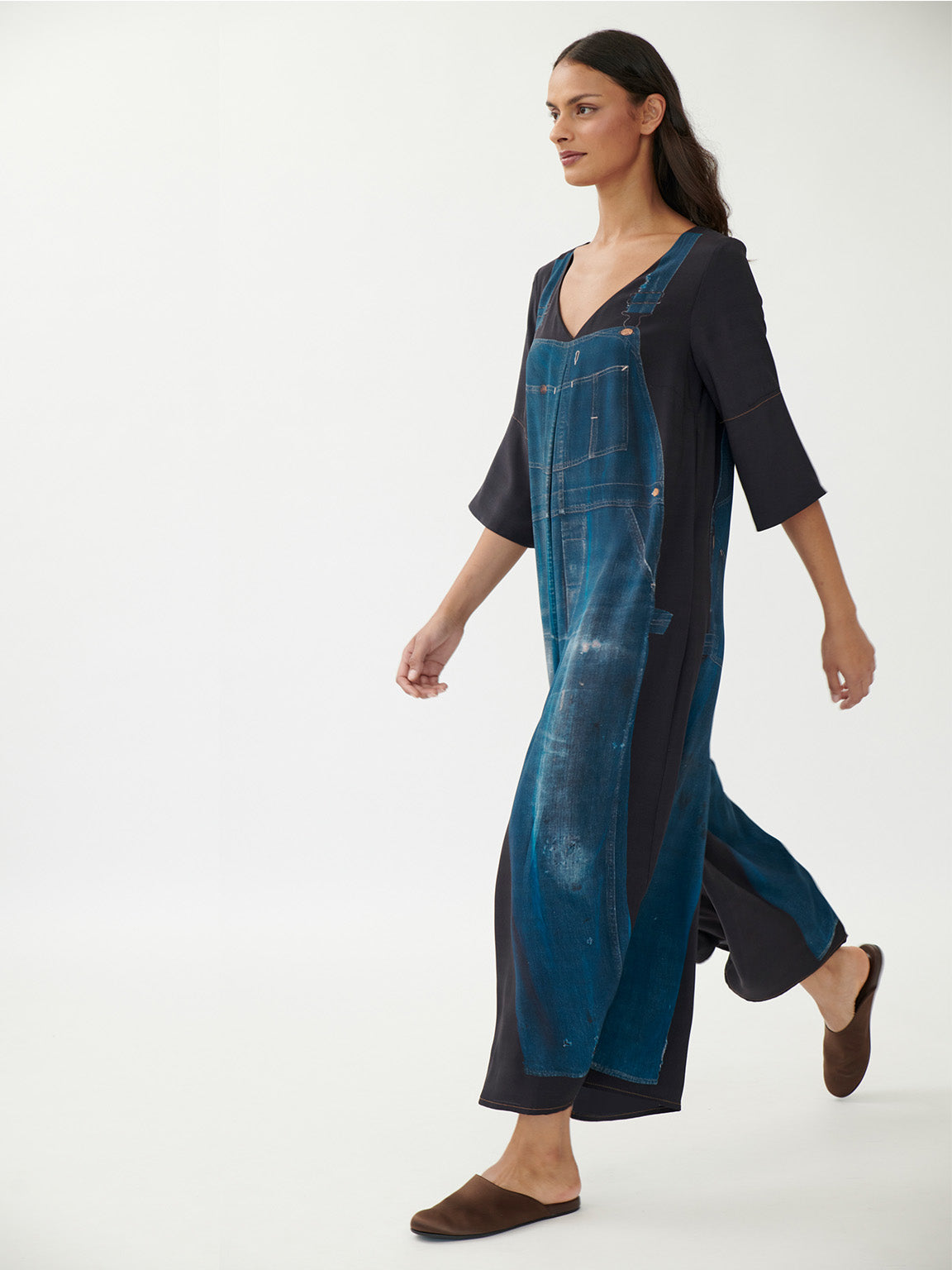 Close-up of bib, chest pocket and copper-tone adjustable strap hardware on Annette Görtz Caddy overall
