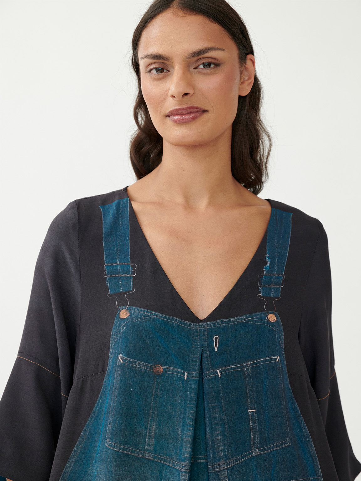 Detail of hip pocket and distressed indigo denim print on Annette Görtz Caddy overall