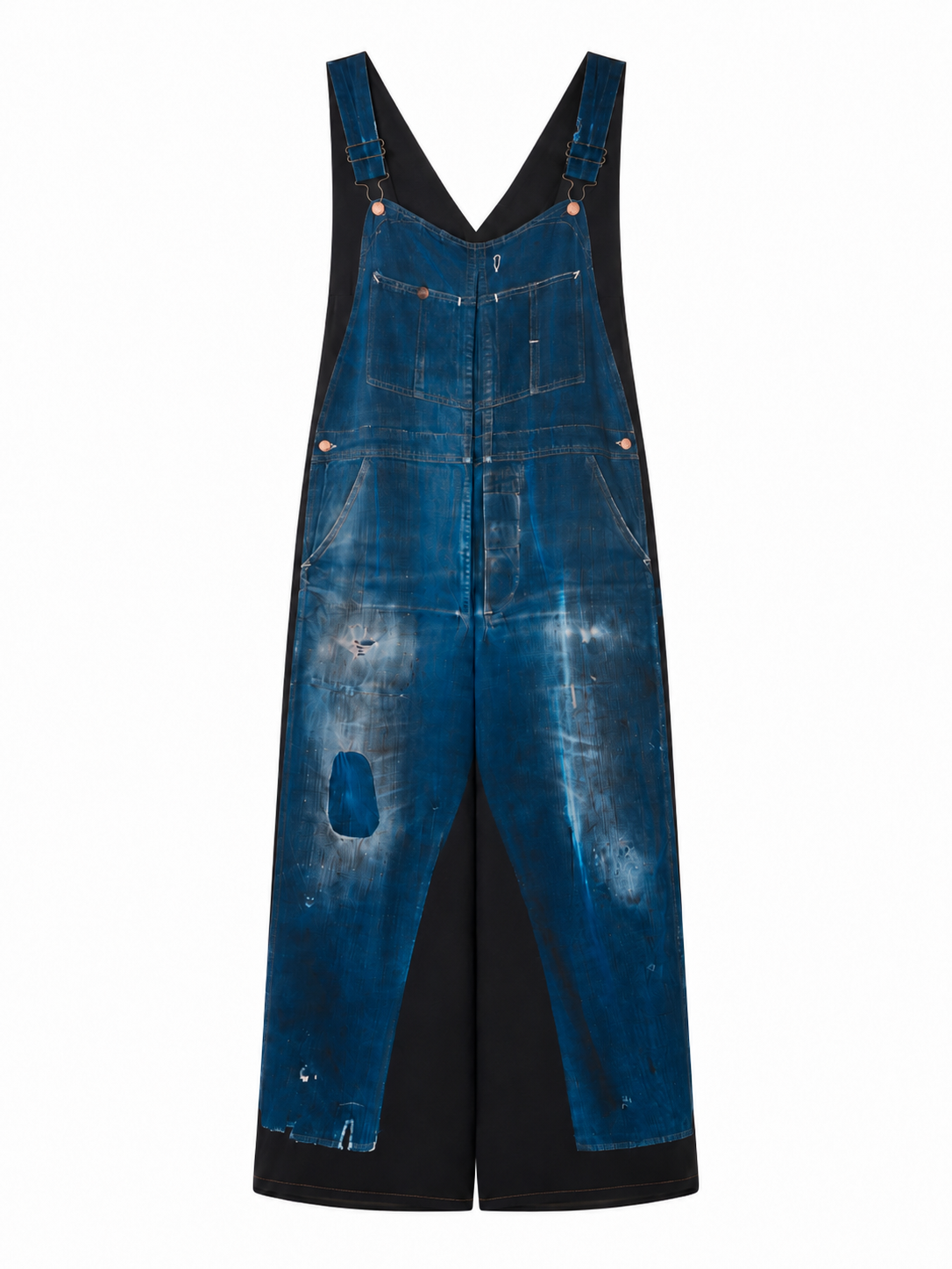 Annette Görtz Caddy overall in blue trompe-l'œil denim print with black side panels, front view on model